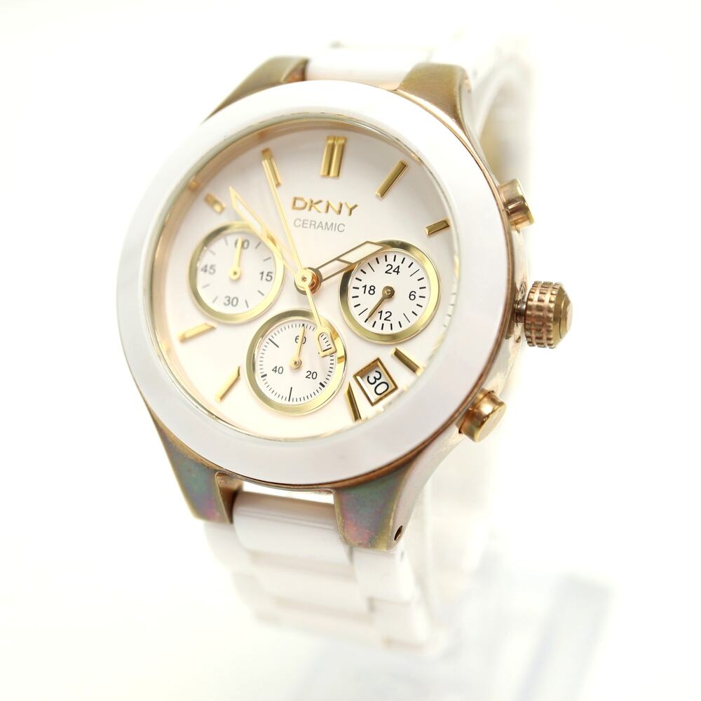 DKNY Ceramic White Gold Tone 39mm Womens Watch Date 6.5" Bracelet w New Battery